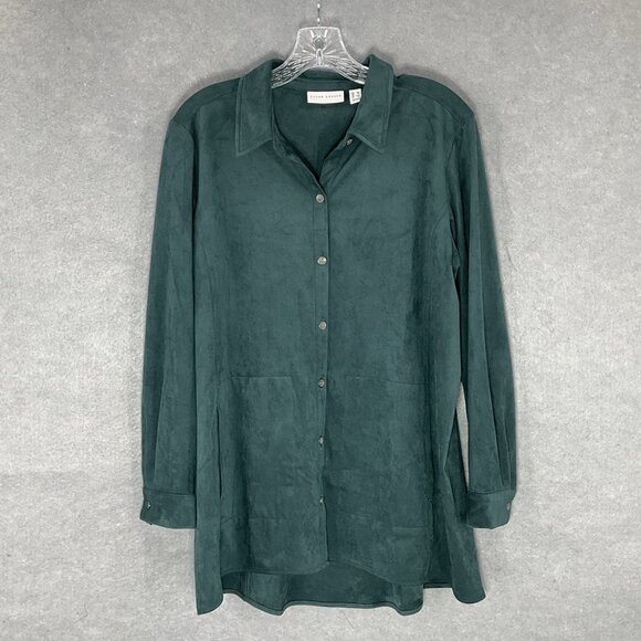 Susan Graver Top Women Medium‎ Petite Forest Green Button Up Long Sleeve Shacket - Picture 1 of 13